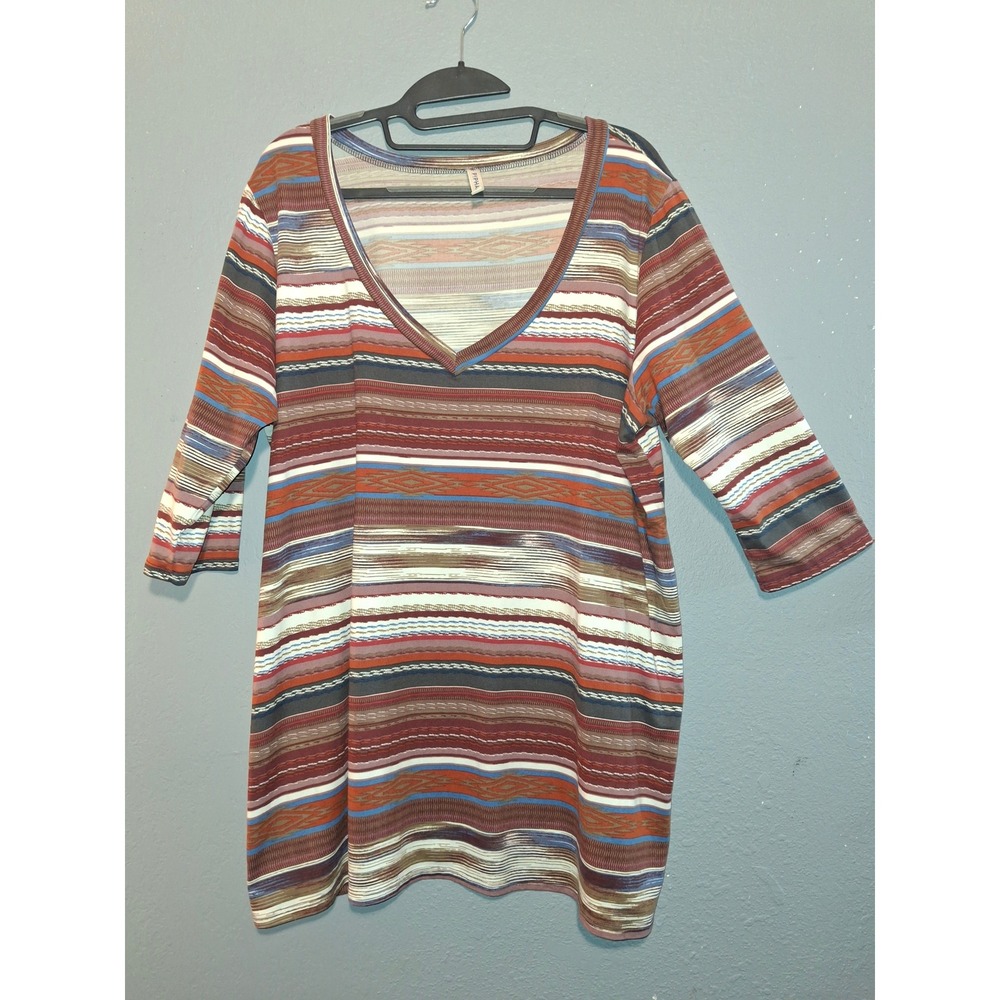 Piphany Womens 2X Multi Color Southwestern Stripe V-Neck 3/4 Sleeve Tunic Top